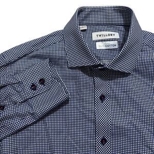 Twillory Shirt Men’s 15.5 34/35 Navy Blue Gingham Tailored Fit Button Up Cotton